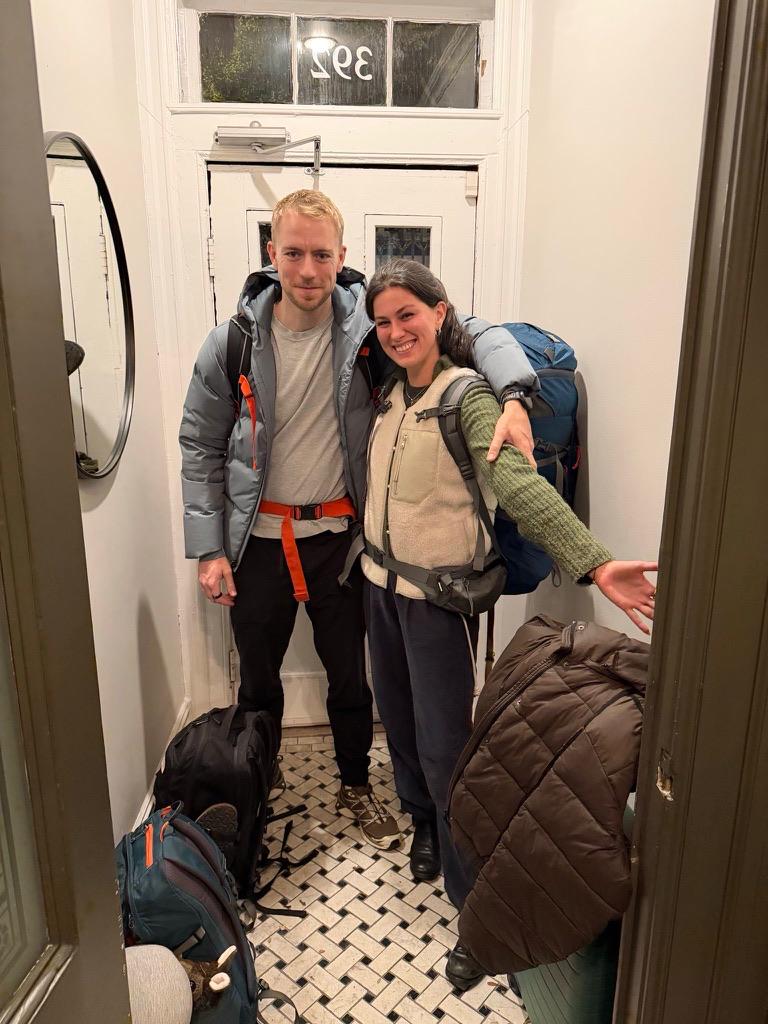 Backpacks on, heading out the front door